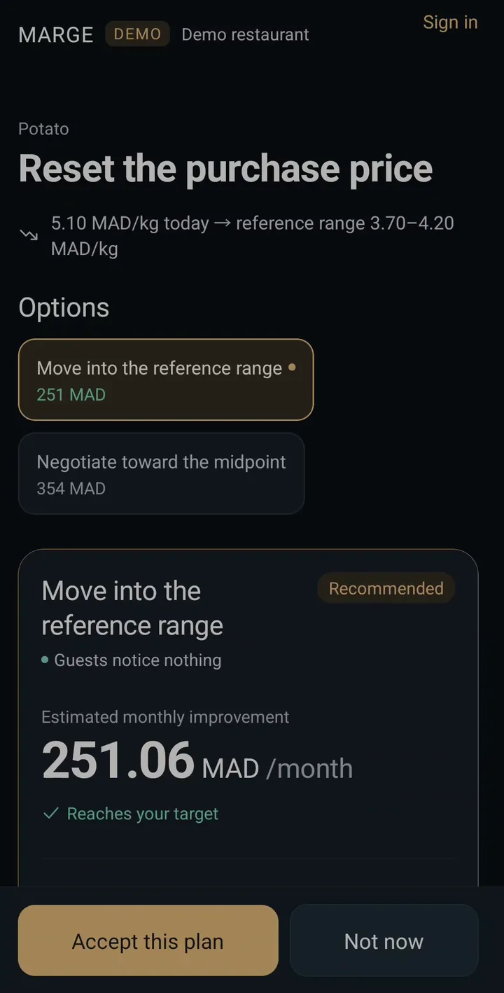 MARGE decision screen where the owner accepts or dismisses an option