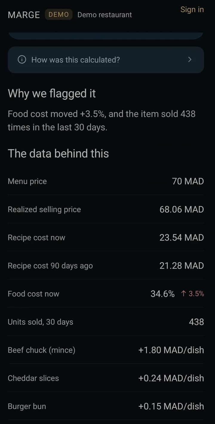 MARGE evidence screen with the data behind an issue