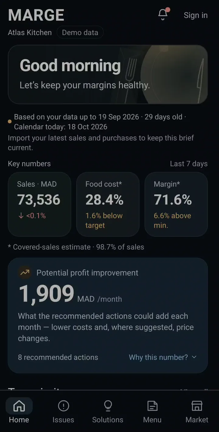 MARGE home screen, demo data