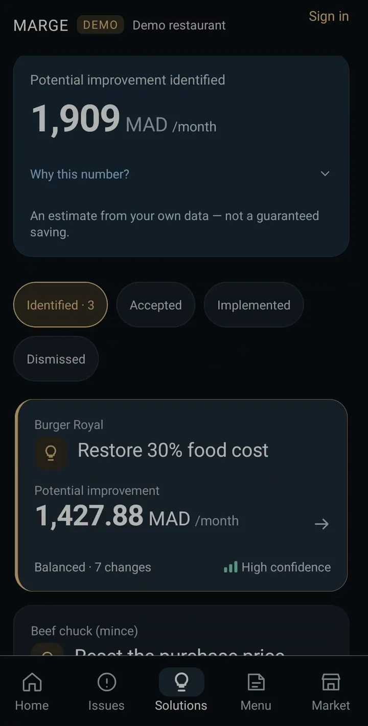 MARGE Solutions screen: potential improvement and recommended actions with confidence levels