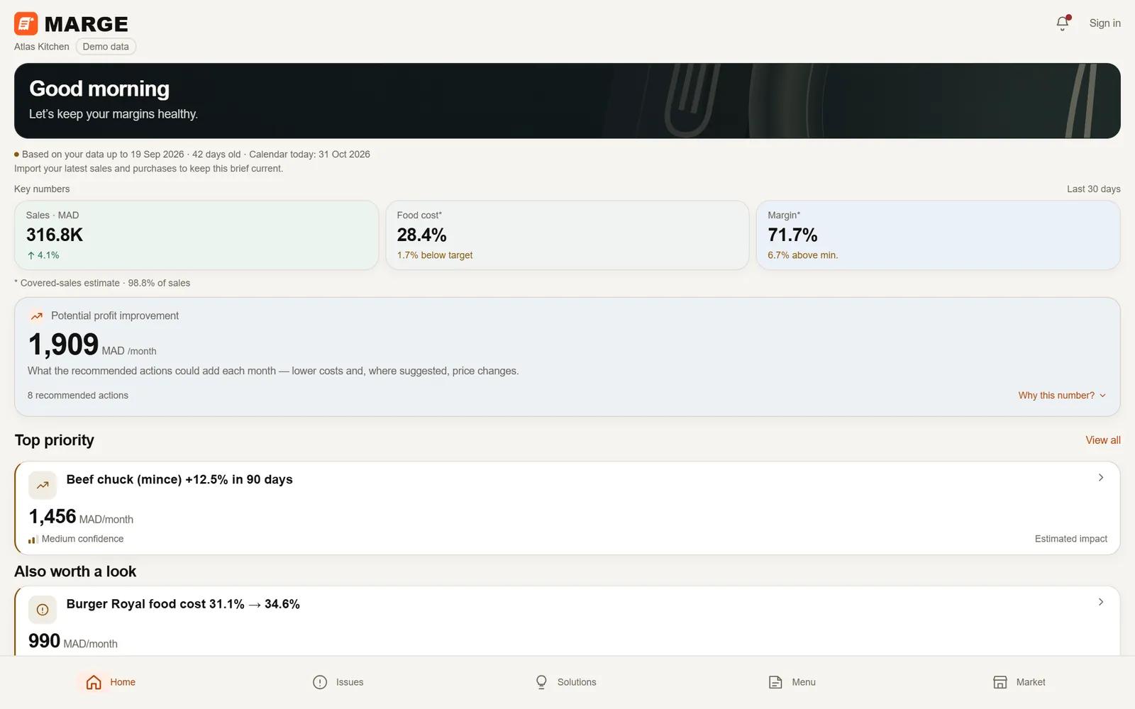 MARGE home in the browser: sales, food cost, margin, potential profit improvement and top priority, demo data