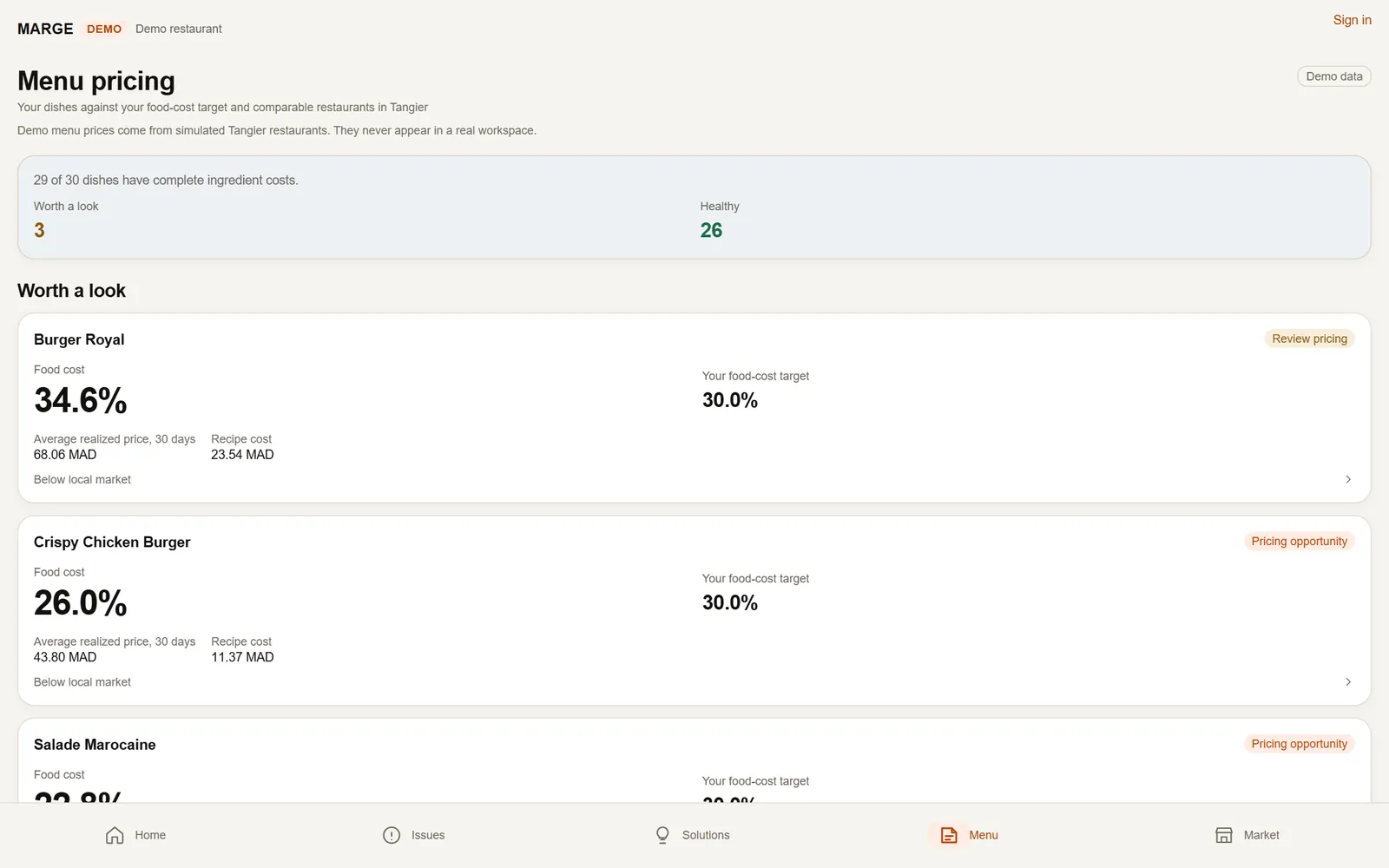 Menu pricing: food cost against a 30% target for Burger Royal, Crispy Chicken Burger and Salade Marocaine, demo data