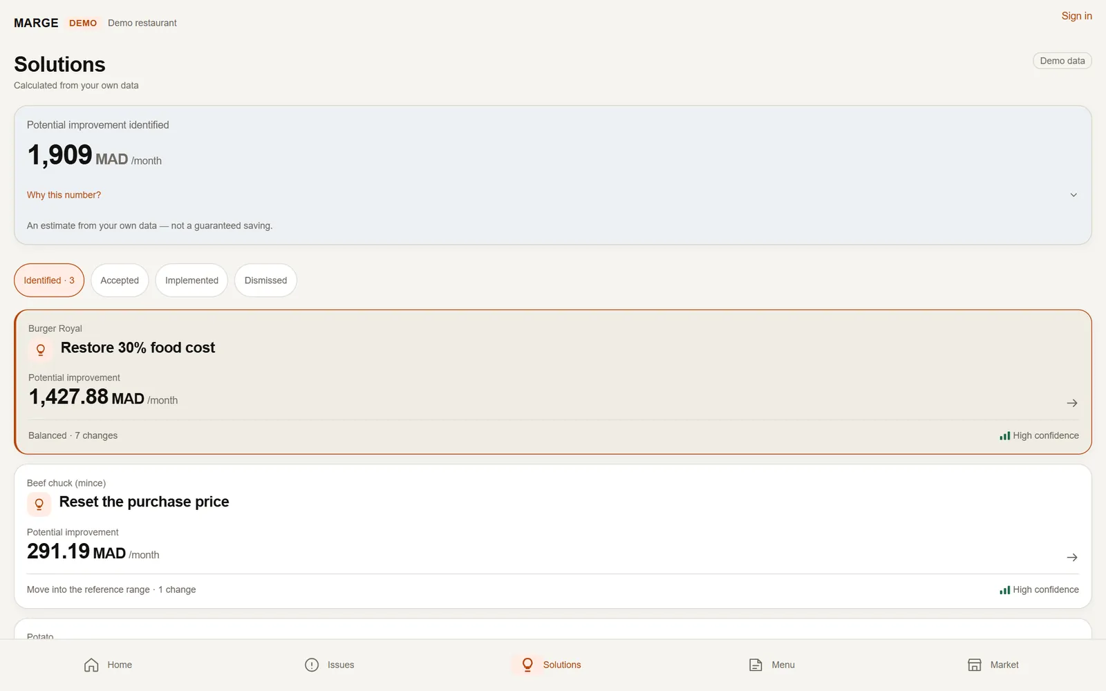 Solutions: potential improvement with identified, accepted, implemented and dismissed states, demo data