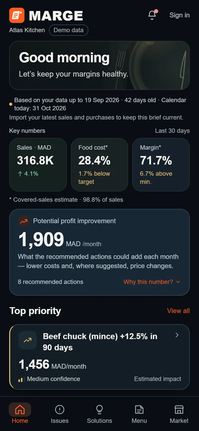 MARGE home on a phone in the dark theme, demo data