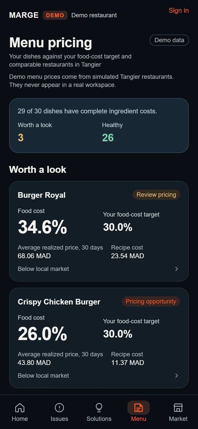 Menu pricing on a phone, demo data