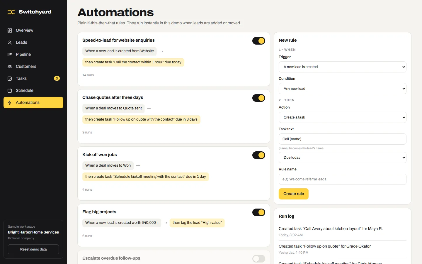 Switchyard automation rules with on/off switches and a rule builder
