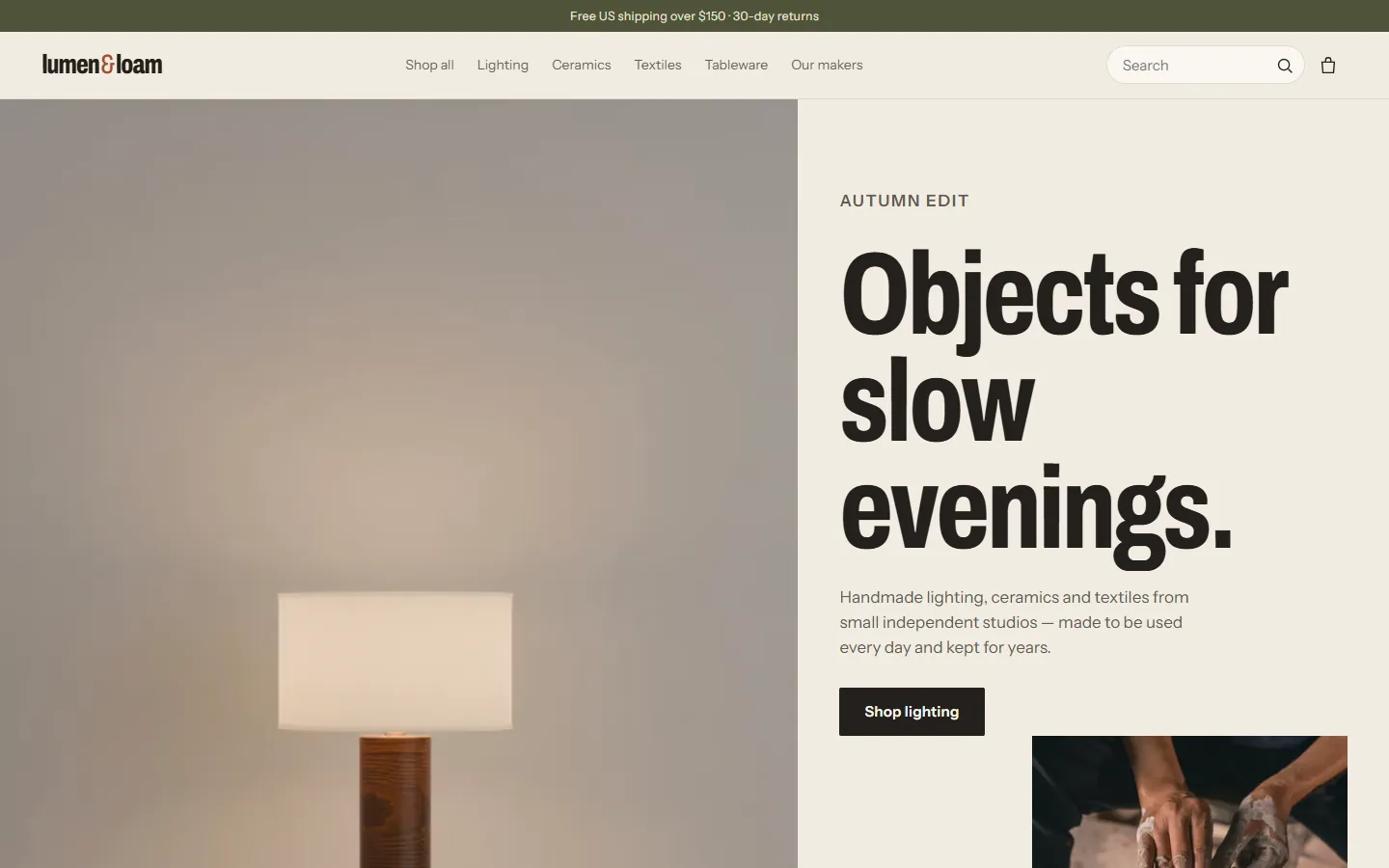 Lumen & Loam home page: a walnut table lamp beside the headline “Objects for slow evenings.”