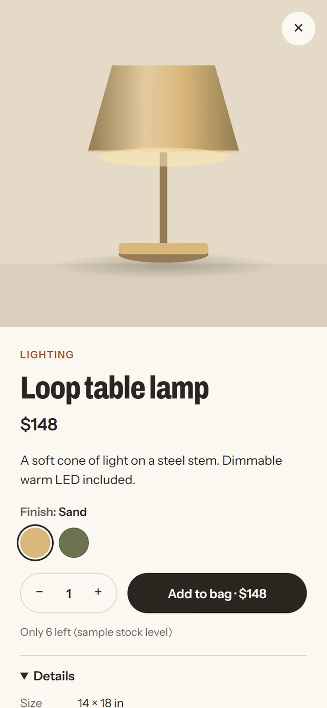 Lumen & Loam product page on a phone, with finishes and add to bag