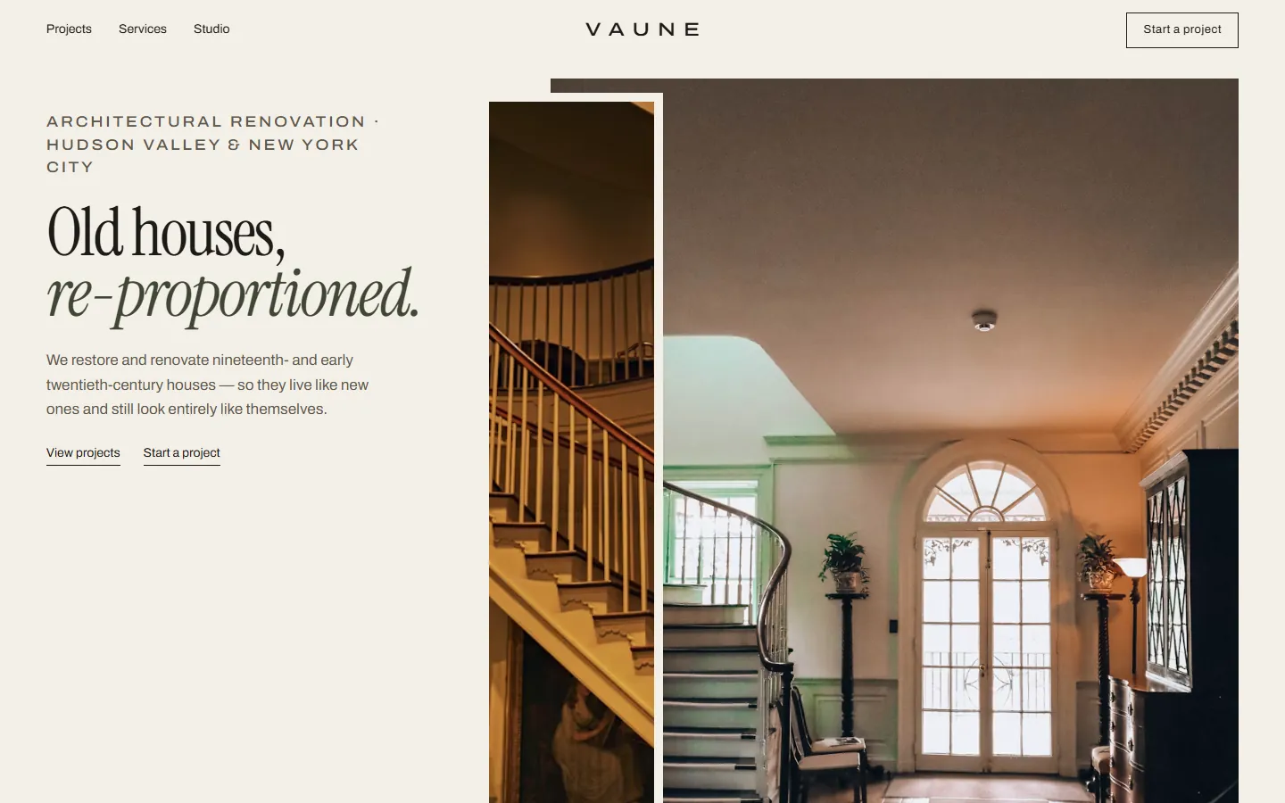 Vaune home page: editorial headline beside a photograph of a stair hall