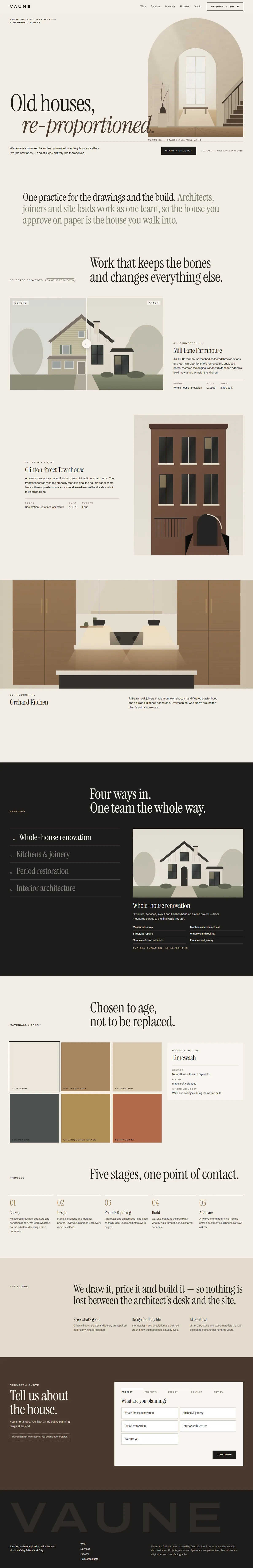 The full Vaune home page, from hero to footer
